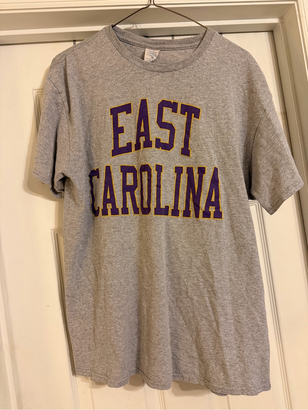 East Carolina Pirates Gray T-Shirt with Purple & Gold Lettering. Size: L.